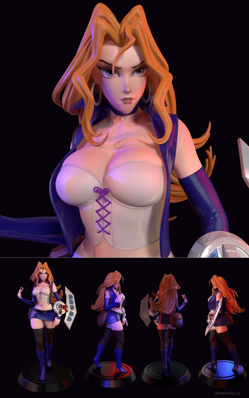 Mai Valentine 3D model figure, anime style, wearing laced bodice, short skirt, and boots. Includes grayscale test pri...