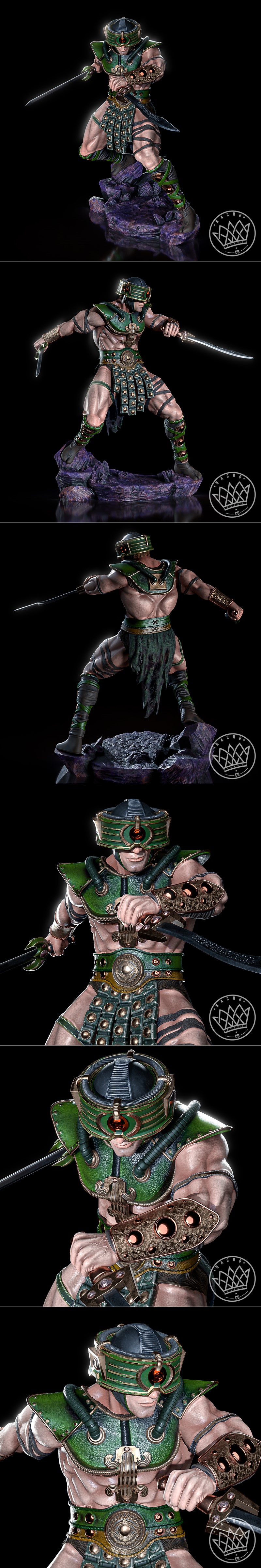 Tri-Klops from Masters of the Universe in a combat pose, holding two swords, wearing green and gold armor and a helme...