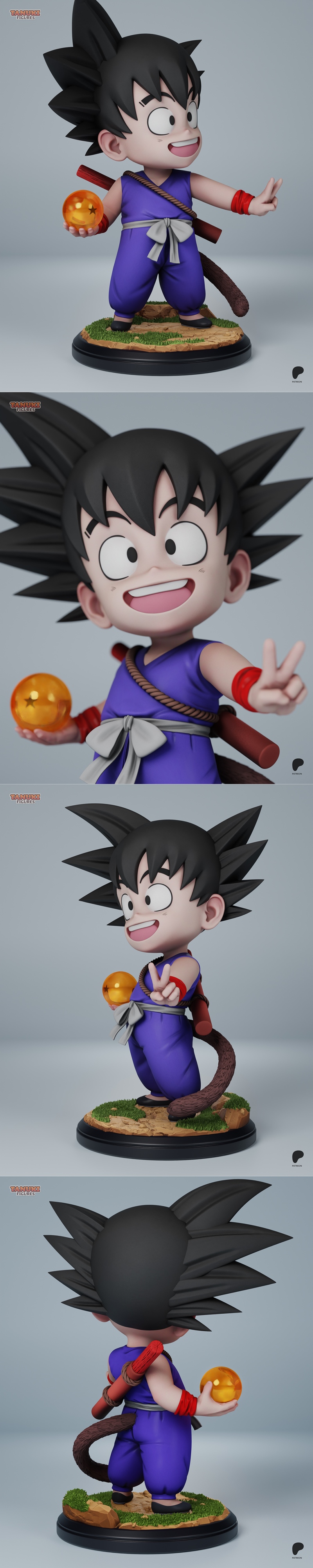 Chibi Goku from Dragon Ball holding a Four-Star Dragon Ball and making a peace sign, wearing a purple gi and standing...
