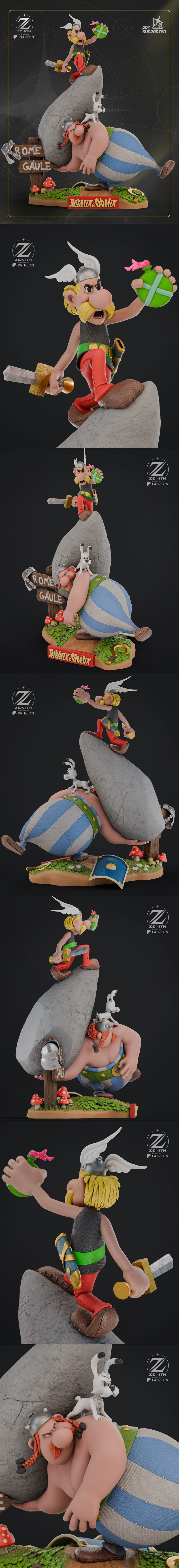 3D model diorama of Asterix and Obelix. Asterix stands on a rock holding a potion, Obelix reclines below with Dogmati...