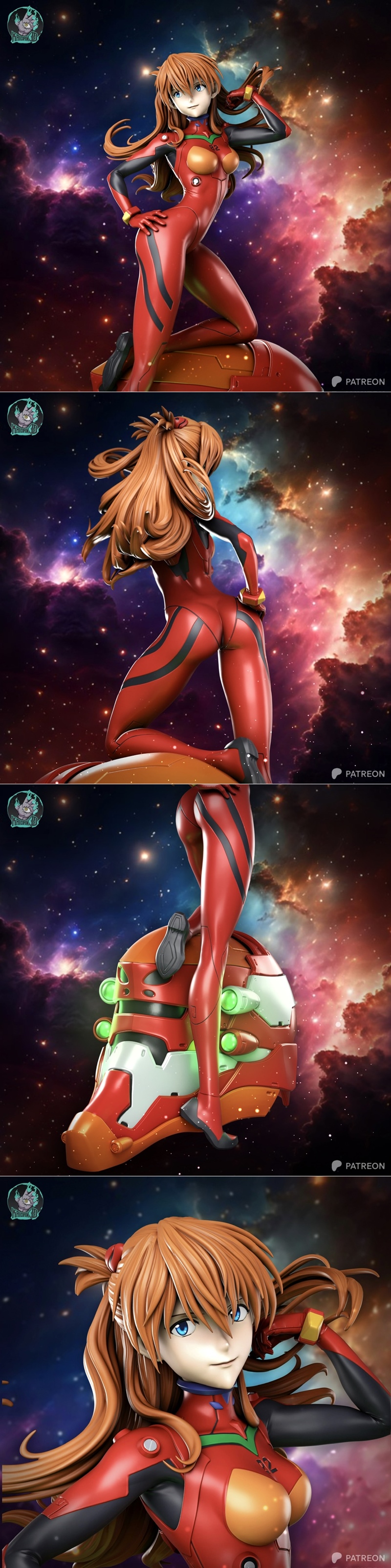 Asuka Langley in red plugsuit with black and yellow accents, auburn twin pigtails, standing against a starry, nebulae...
