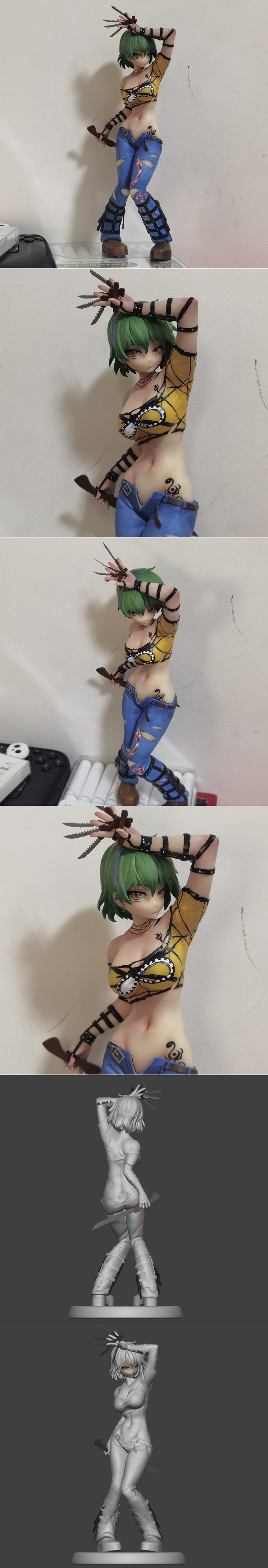 Hikage from Senran Kagura, a 3D printed figure with green hair, wearing a yellow top and ripped blue jeans, holding k...