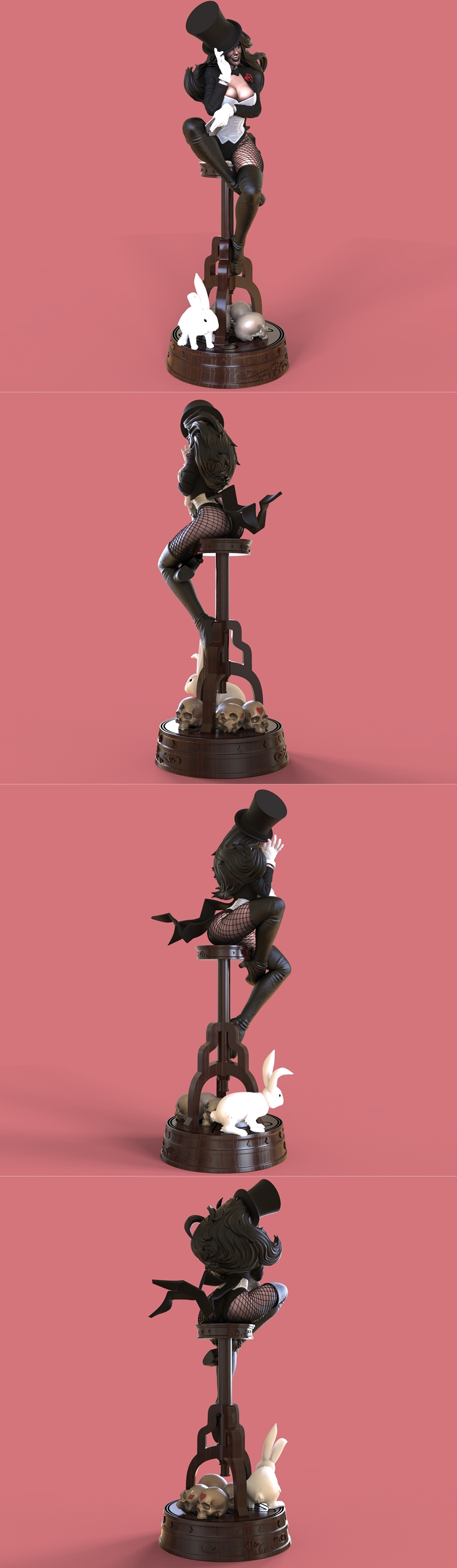 Zatanna DC Comics figure in magician's attire, seated with playing cards, on a base with a rabbit and skulls. CG Pyro...