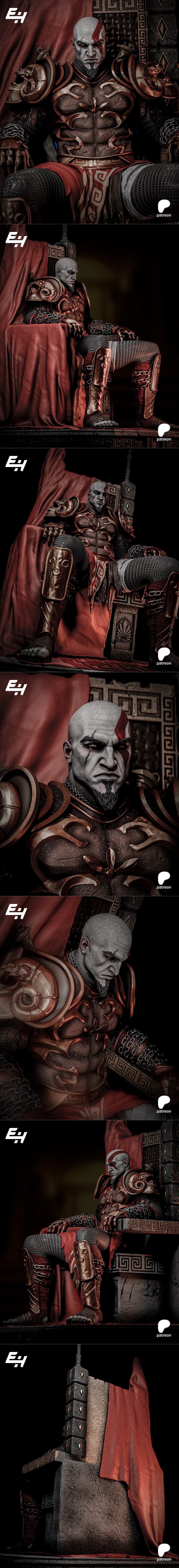 Kratos seated on an ornate throne, wearing detailed armor and red cloth. He has a stern expression and his signature...