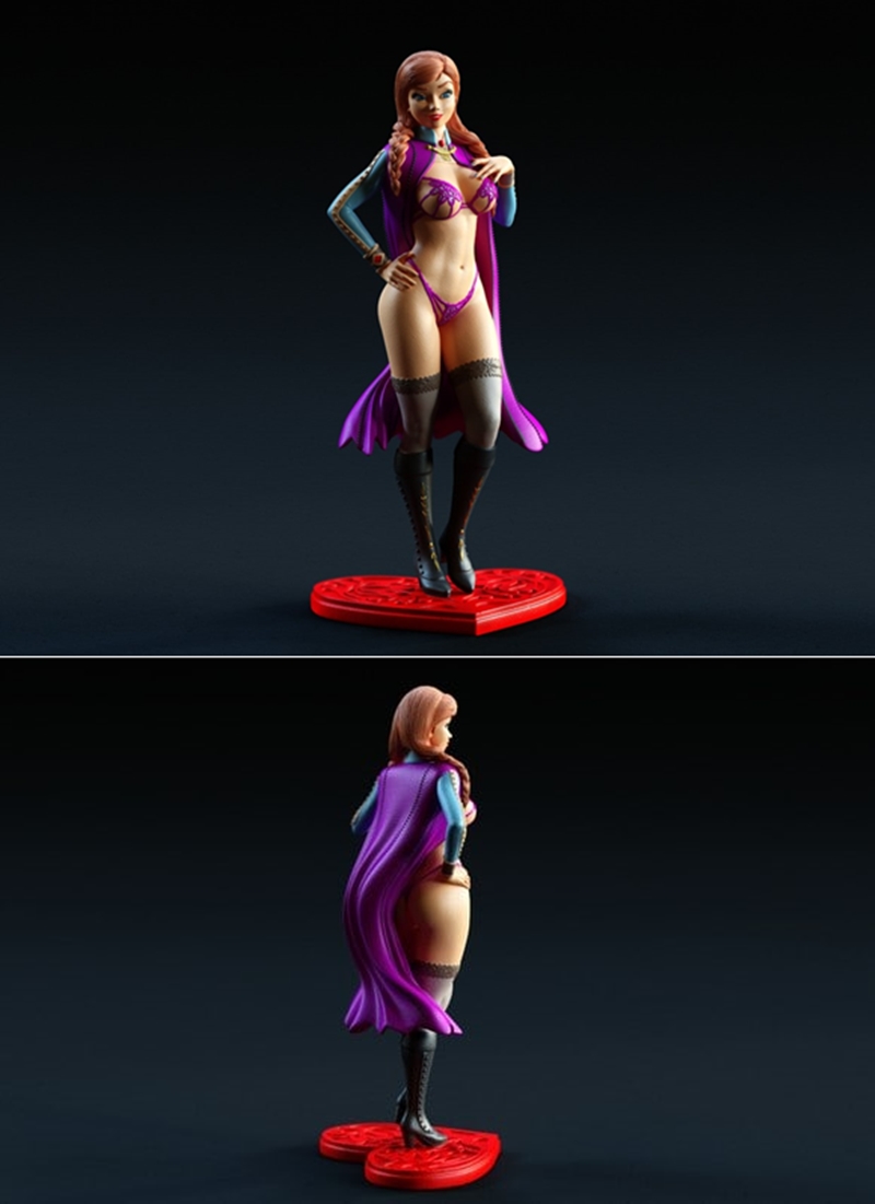 3D model of Anna from Frozen in revealing purple lingerie, thigh-high stockings, and boots, with a purple cape.