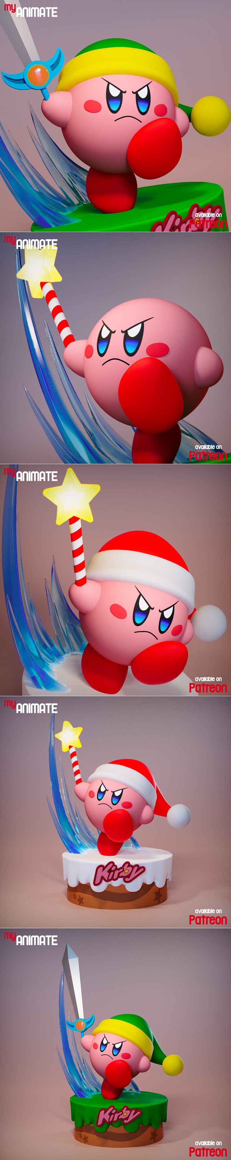 Kirby character figure with yellow and green hat, holding a blue and orange sword and a yellow sphere, with blue ice...