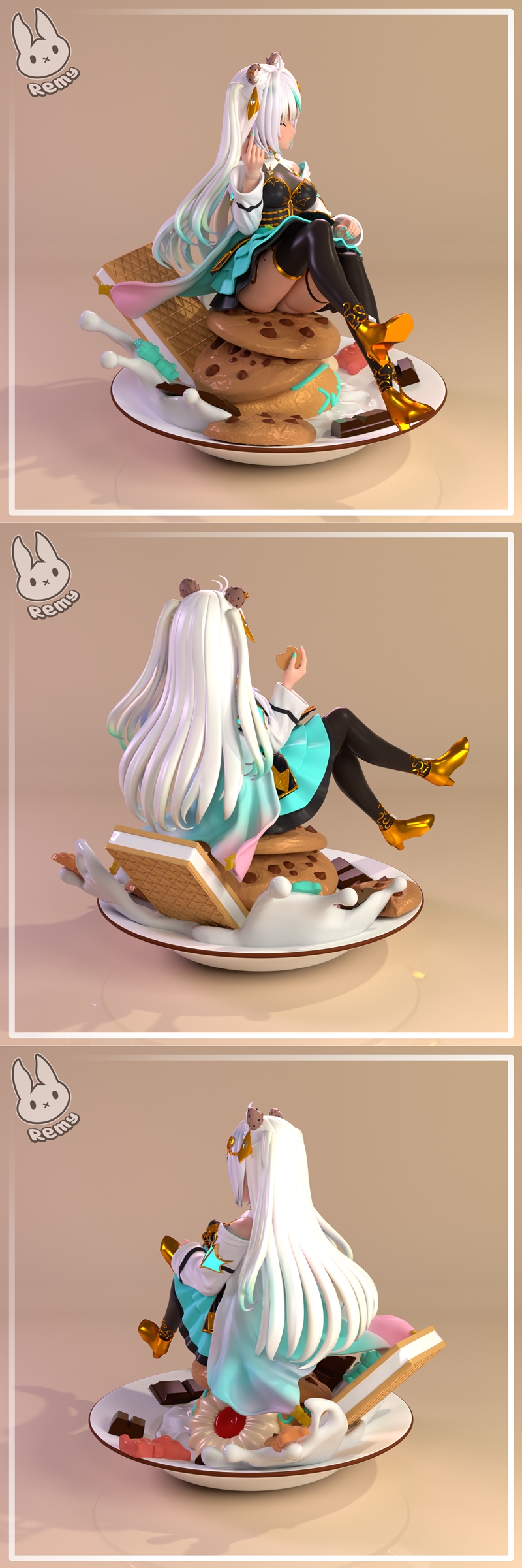 Remy Sculpts CookieSwirlC VTuber 3D model figure sitting on a giant cookie, surrounded by donuts and sweets, holding...