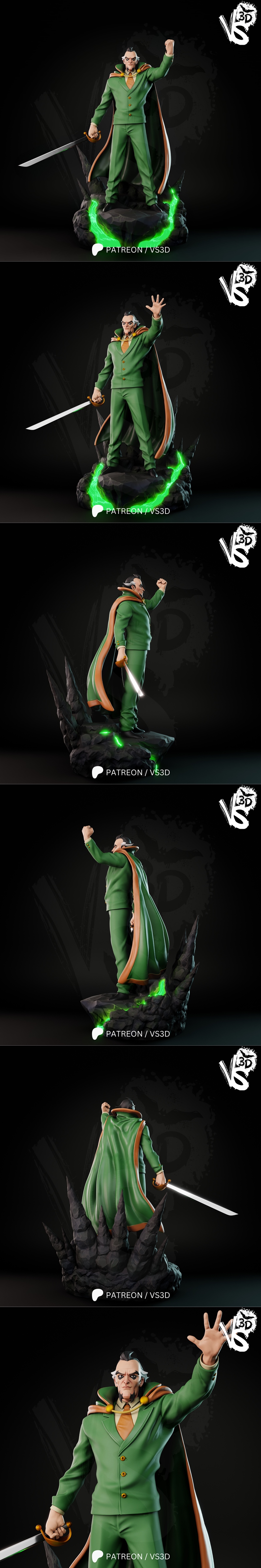 3D model of Ra's al Ghul from the animated series, wearing a green suit and cape, holding a sword.