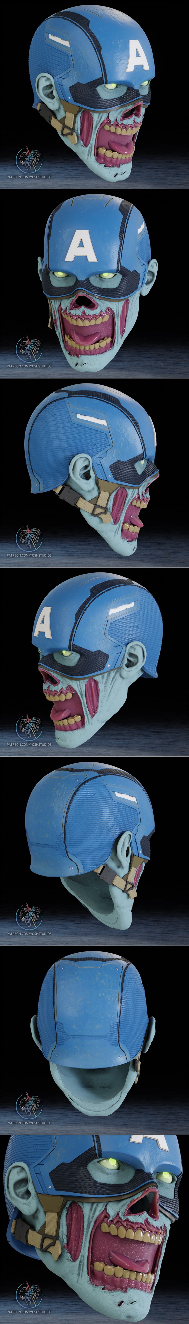 3D model of a zombie Captain America helmet with glowing eyes and a decaying, open-mouthed face.