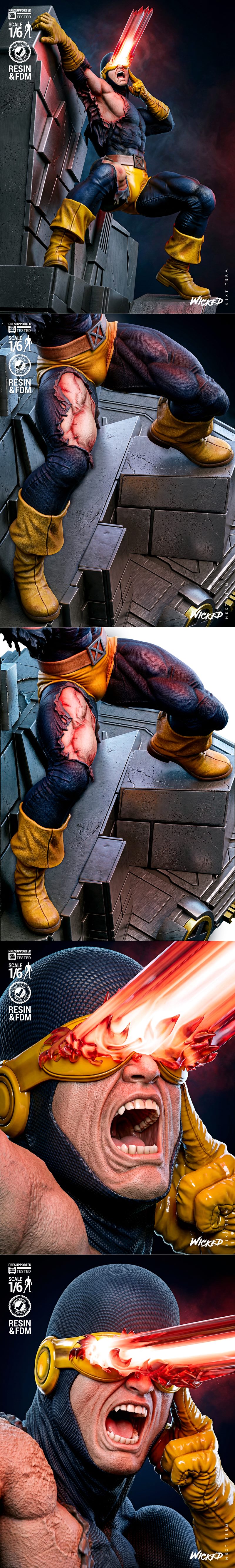 1/6 scale Cyclops figure from Wicked, unleashing optic blast from visor, leaning on rubble, torn costume, X-Men logo...