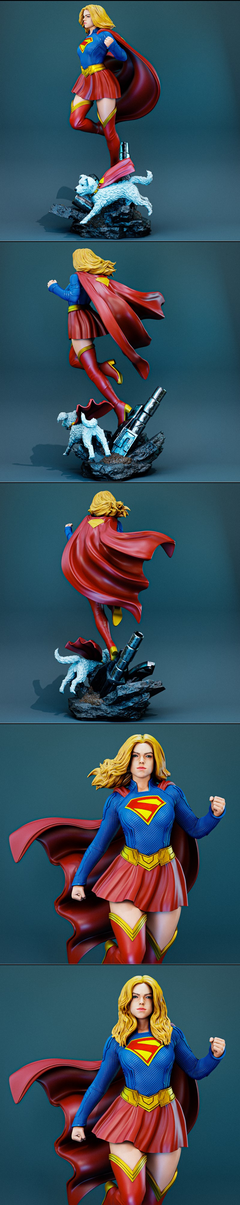 Milly Alcock Supergirl 3D model figure with Krypto the dog on a rocky base, wearing a red cape and blue costume.