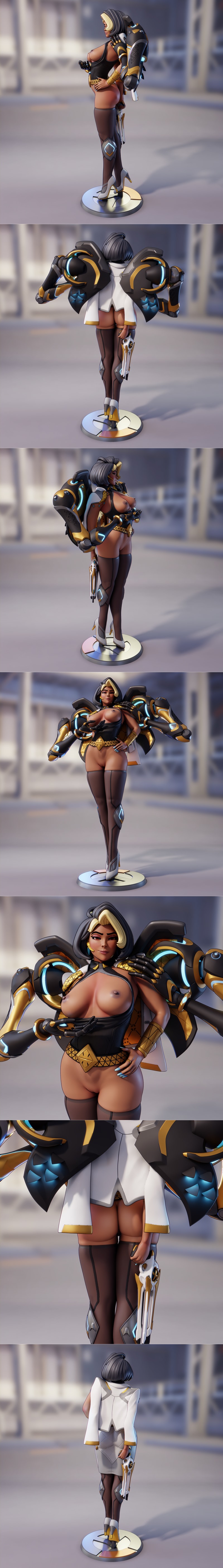 3D model of Domina from Overwatch, featuring a woman in a grey top and white skirt with gold accents, and four roboti...