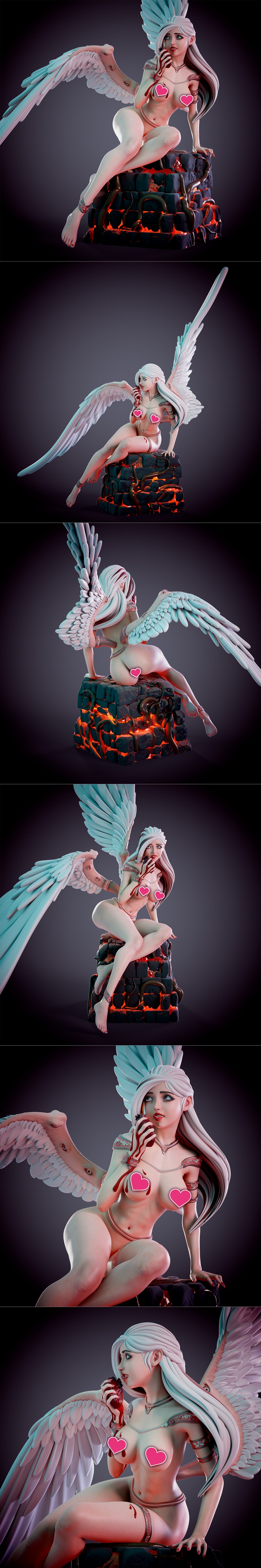 Fallen angel Adele figure with large wings, seated on a fiery rock structure, holding a bloody item.