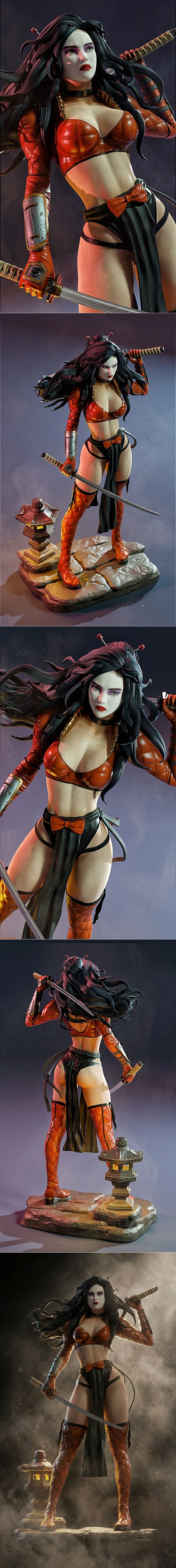 Female warrior with long black hair, white face paint, and red lipstick, holding a katana. She wears a red segmented...