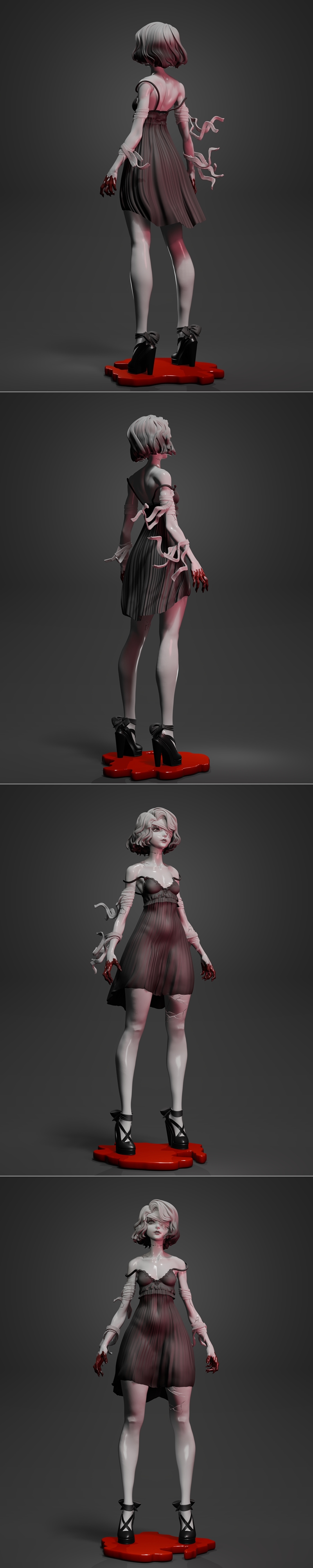 Stylized 3D model of a gothic female doll named Bloody Mary, wearing a short, off-the-shoulder pleated dress and boot...
