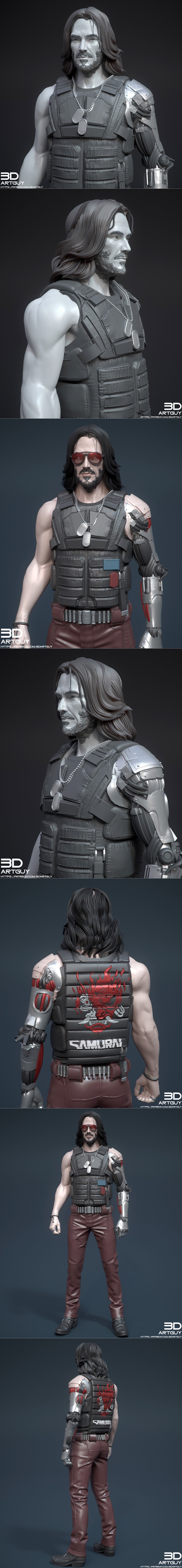 Collage of five 3D printable character busts: two mechs, a cyberpunk man with sunglasses, a woman with curly hair and...