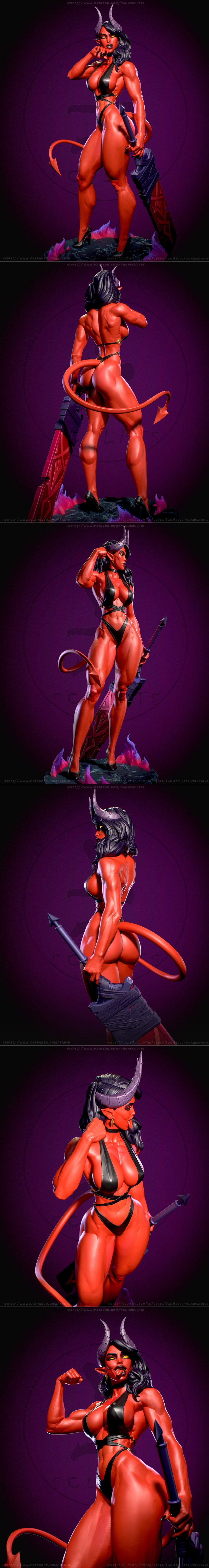 Muscular red-skinned demon female 'Malevola' by Yan-H, wearing a white tank top and denim shorts, holding a large swo...