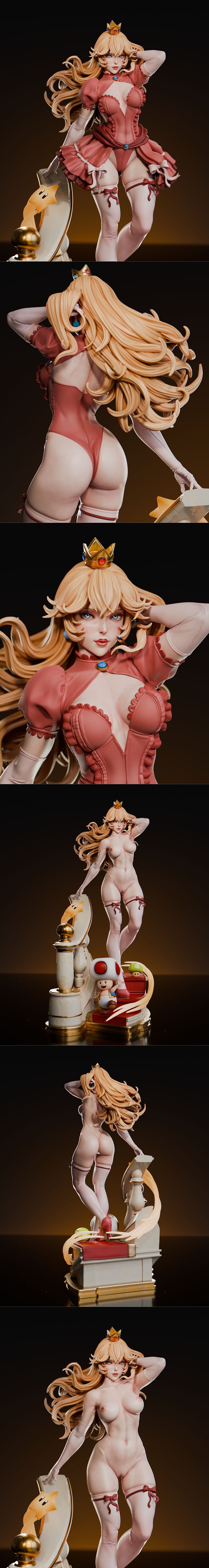 Abe3D 3D model of Princess Peach in a revealing pink outfit, with Toad and Super Star on the base. Blonde hair, crown...
