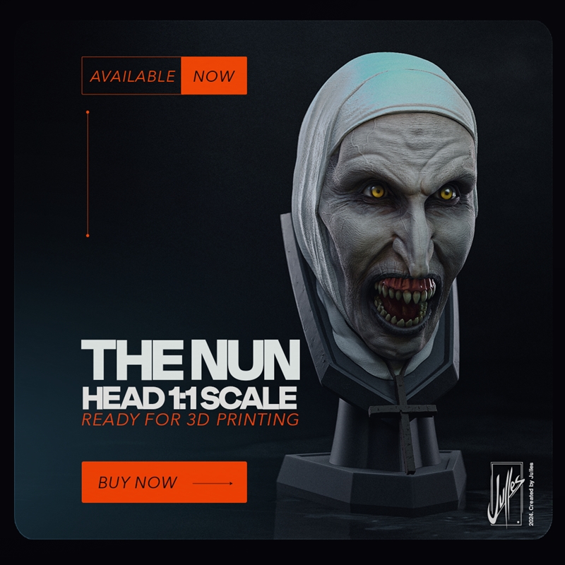 Bust of "The Nun" character from the horror movie franchise, with a gaunt face, yellow eyes, and an open mo...