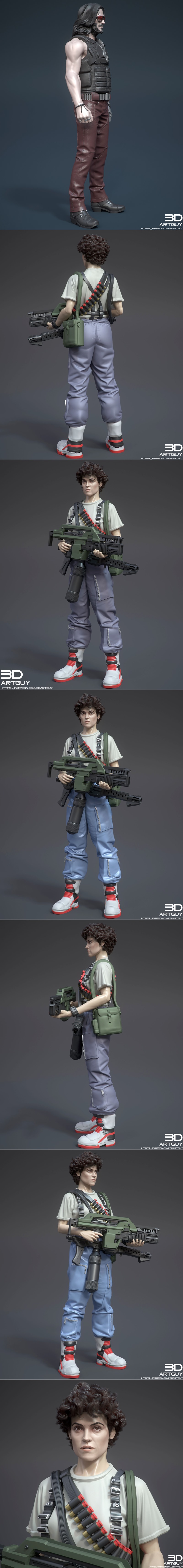 Collage of five 3D printable character busts: two mechs, a cyberpunk man with sunglasses, a woman with curly hair and...