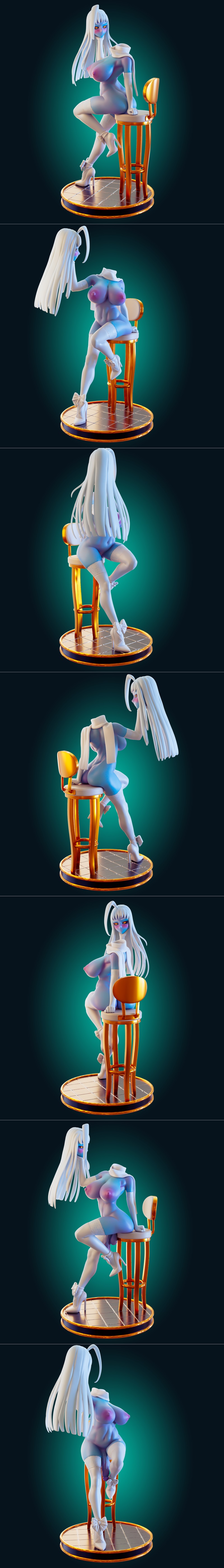 Officer Rhu's Lala Wedding Monster Girl 3D model: blue-skinned character with white hair, yellow eyes, wearing a whit...