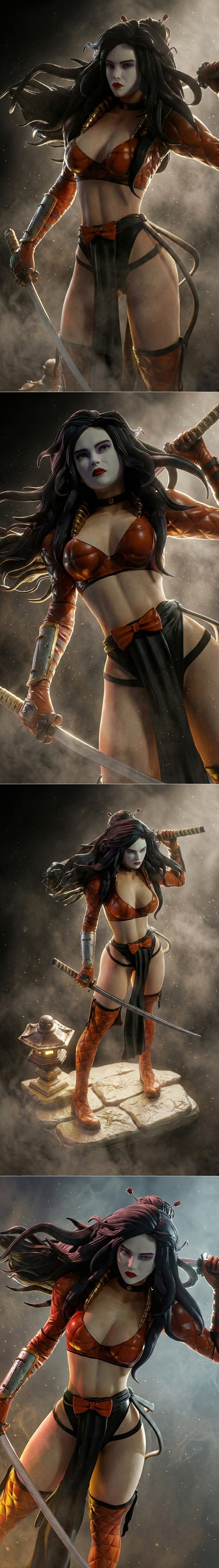Female warrior with long black hair, white face paint, and red lipstick, holding a katana. She wears a red segmented...
