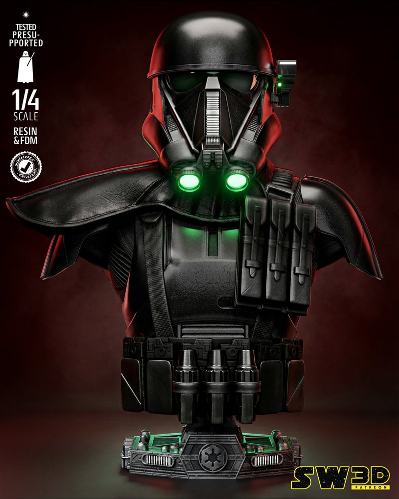 1/4 scale 3D printable bust of a Star Wars Death Trooper, featuring black armor, glowing green helmet lenses, and Imp...