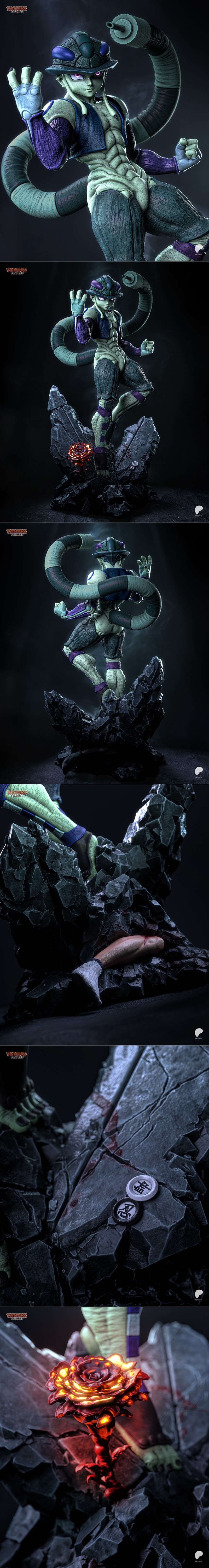 3D print model of Meruem from Hunter x Hunter, standing on a rocky base with a glowing red rose. The figure has pale...