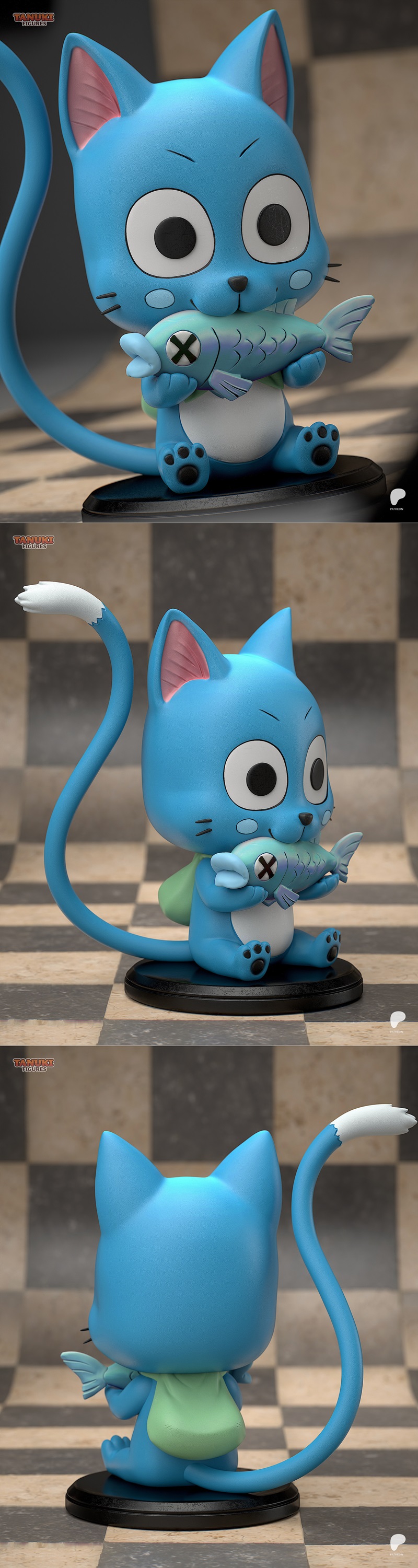 Blue cat character Happy from Fairy Tail, holding a fish, sitting on a black base. Model by Tanuki Figures.