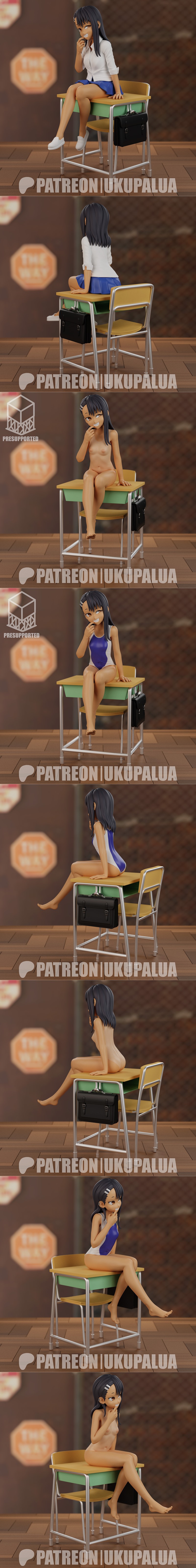 3D model figure of Hayase Nagatoro from Ijiranaide, Nagatoro-san, wearing a school uniform and sitting on a desk.