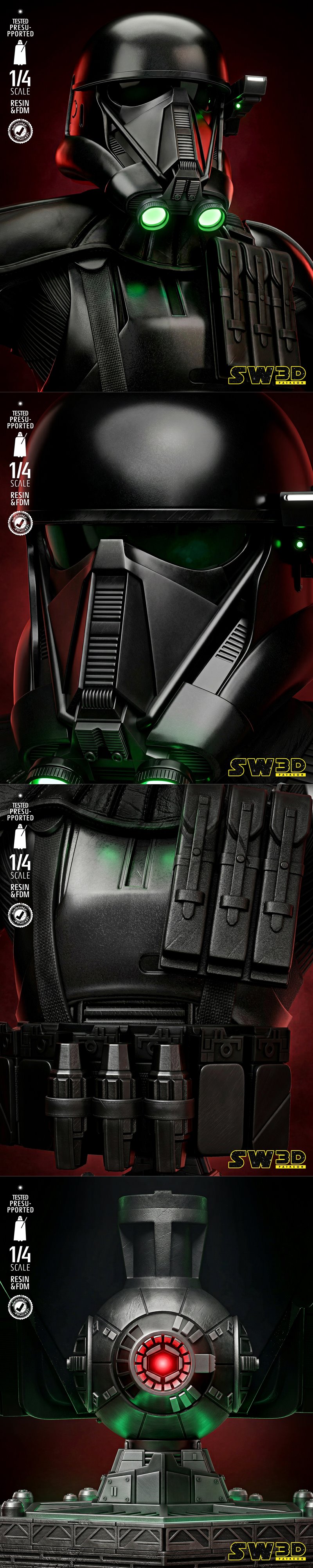 1/4 scale 3D printable bust of a Star Wars Death Trooper, featuring black armor, glowing green helmet lenses, and Imp...