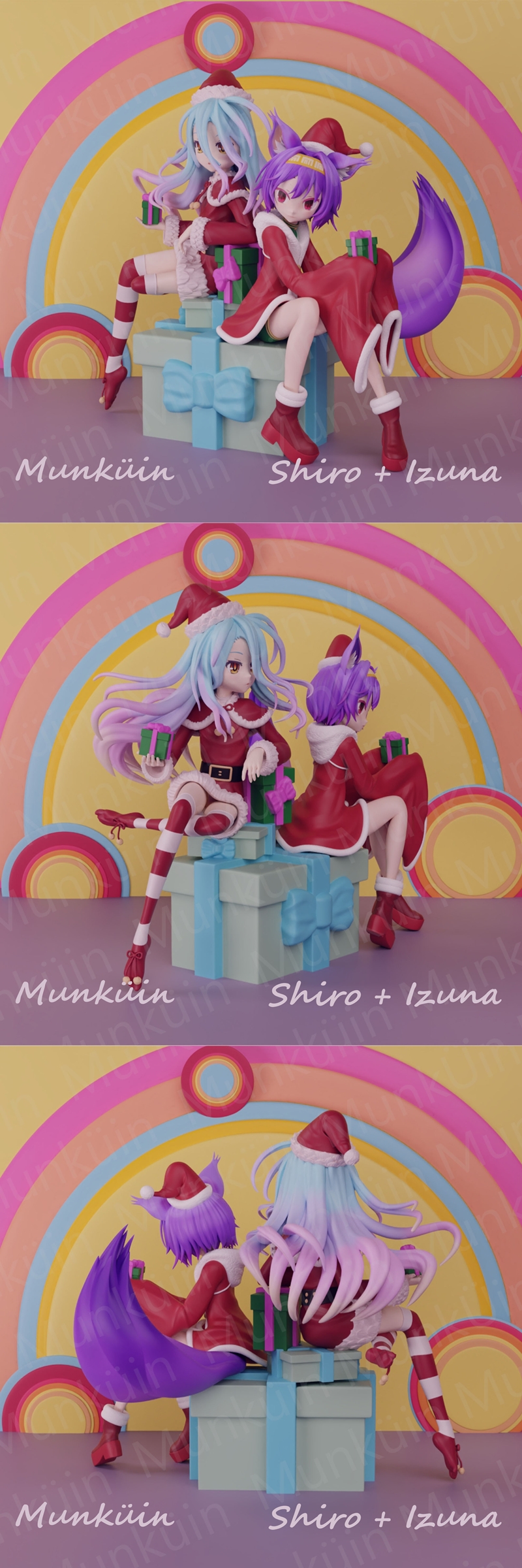 Izuna Hatsuse and Shiro from No Game No Life in Christmas outfits, sitting on gift boxes. Izuna has blue hair, Shiro...