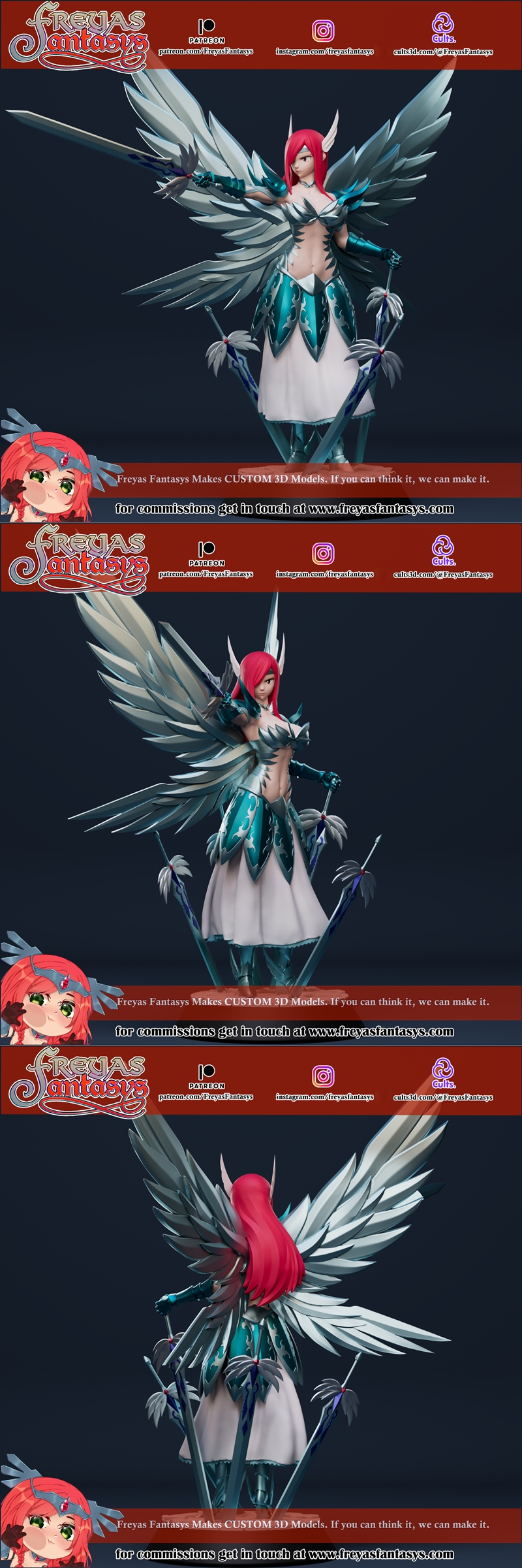 Erza Scarlet from Fairy Tail in detailed metallic armor with large wings, holding a sword. Freyas Fantasys 3D model.