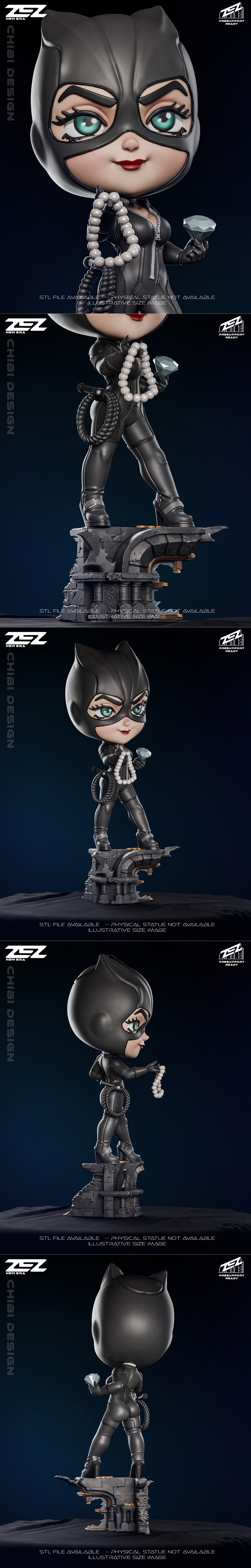 Chibi Catwoman 3D model by ZEZ Studio, wearing a black suit and mask, holding a gem and a pearl necklace, standing on...