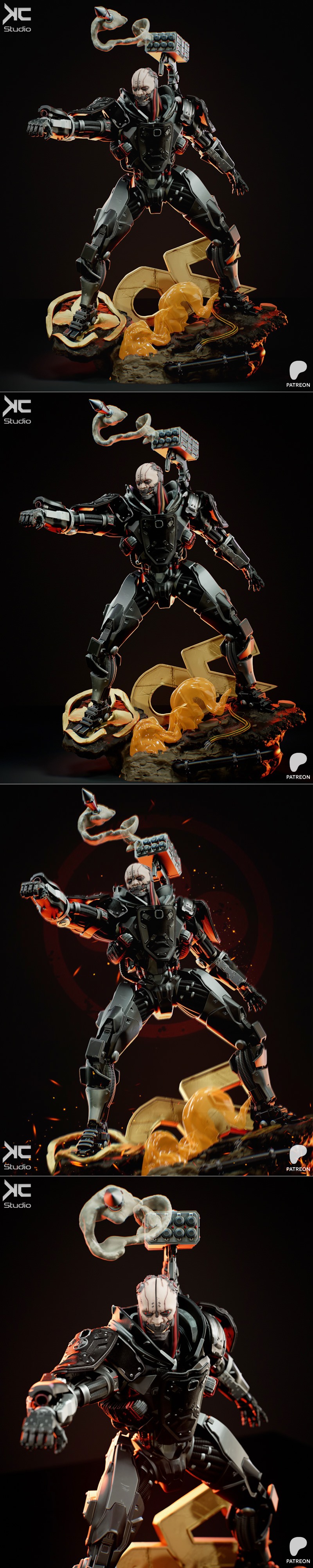 Adam Smasher 3D model figure in combat pose, wearing dark cybernetic armor with a missile pod on his back, standing o...