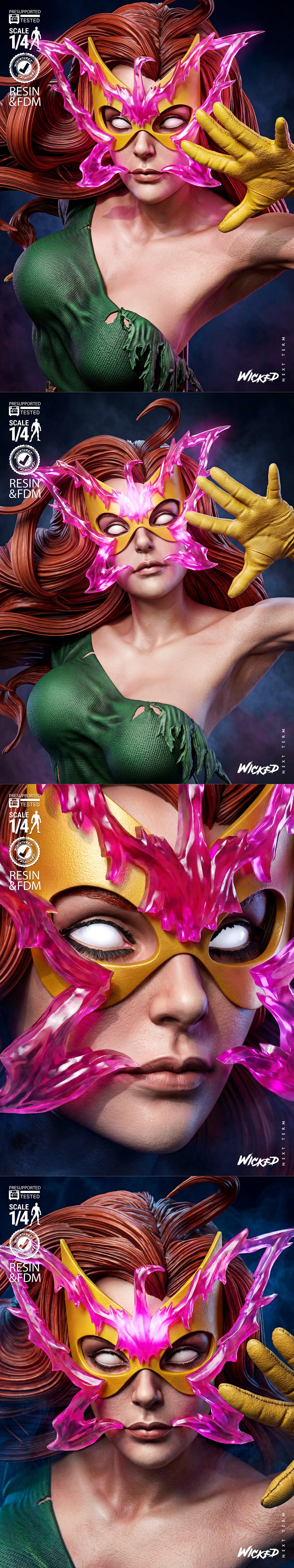 Wicked 3D printable bust of Jean Grey as Phoenix, wearing a golden mask with pink energy, green costume, and yellow g...