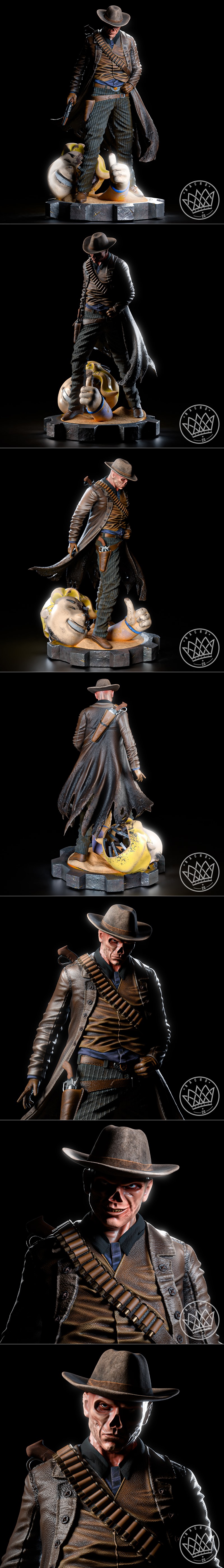 The Ghoul from Fallout, depicted as a 3D printable statue by Nacho CG. He wears a cowboy hat, duster coat, and bandol...