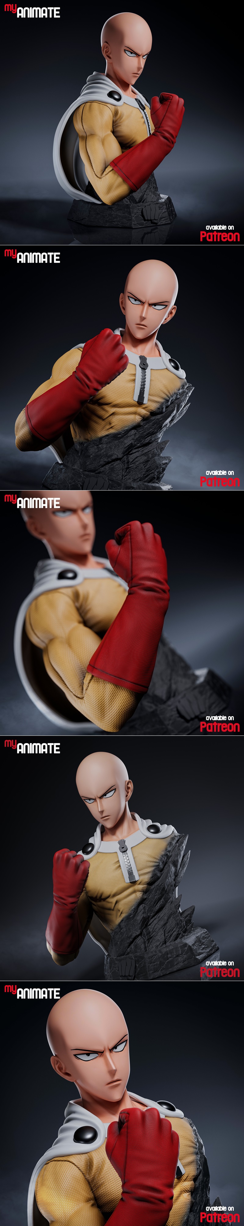 Bust of Saitama from One-Punch Man, wearing yellow suit, red gloves, and white cape, on a rocky base. Studio MyAnimate.