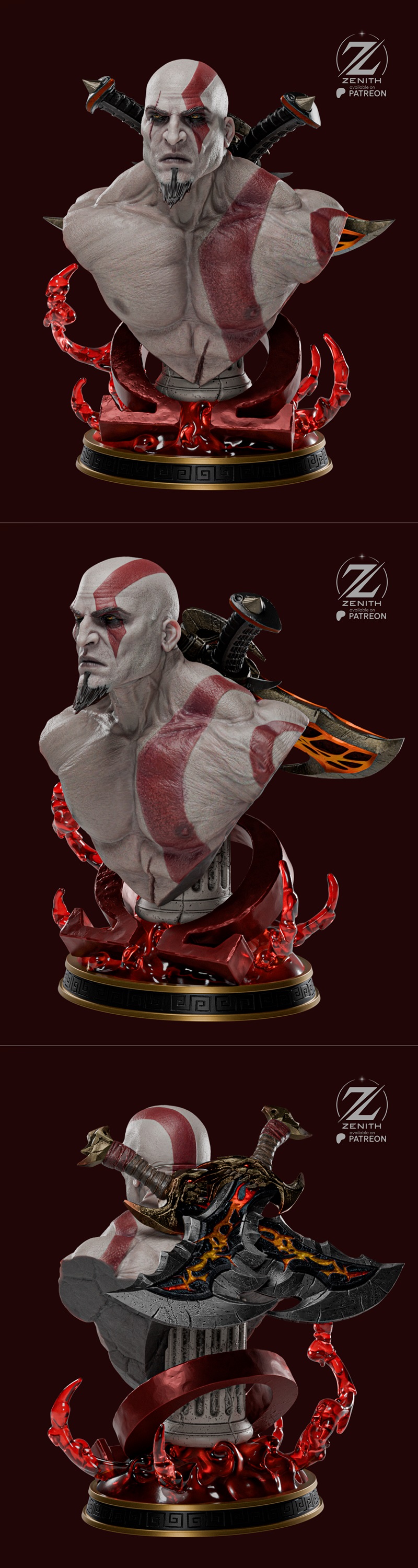 Zenith Studios Kratos bust 3D model, featuring a fierce expression, red facial markings, crossed blades, and a blood-...