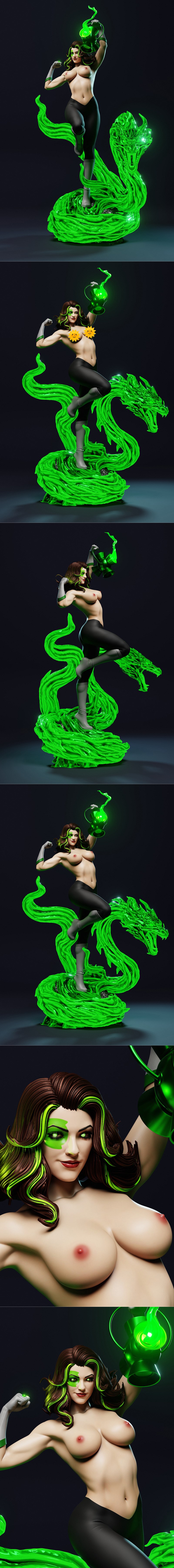 Jessica Cruz Green Lantern 3D model, holding a glowing green lantern, standing on a green energy dragon construct. De...
