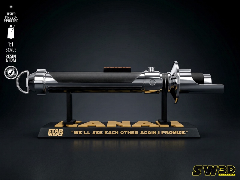 1:1 scale 3D printable model of Kanan Jarrus's lightsaber from Star Wars, displayed on a stand with the Star Wars log...