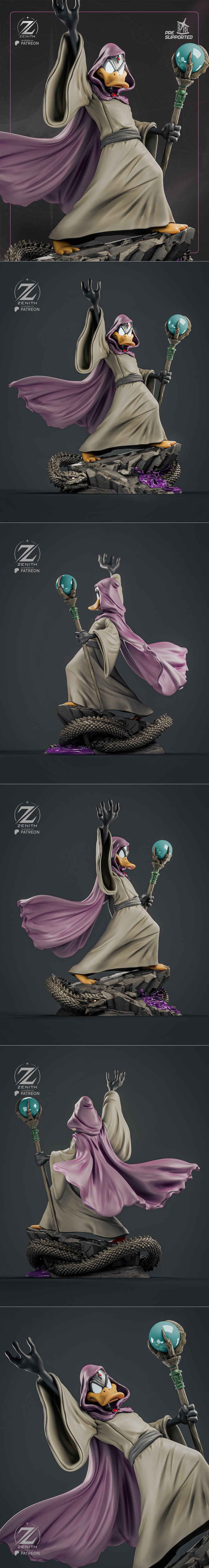 Daffy Duck as a wizard figure, wearing a hooded robe and holding a magic staff, standing on a dragon-shaped rock base...