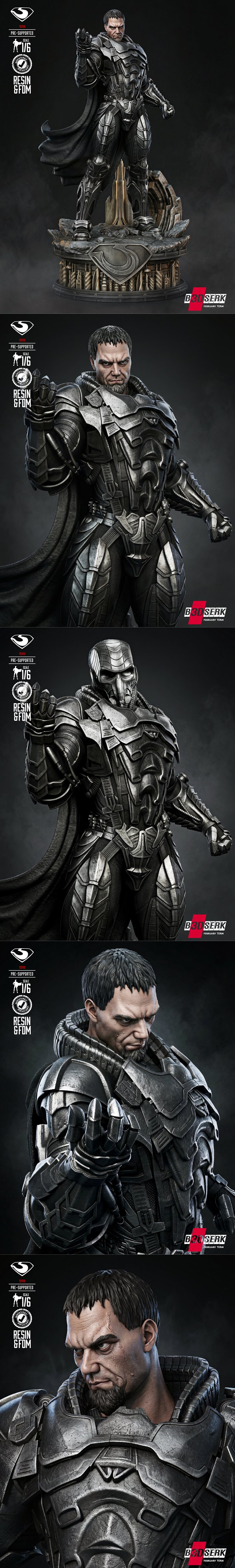 General Zod 1:6 scale 3D print model by B3DSERK, wearing intricate black armor and a cape, standing heroically on a d...