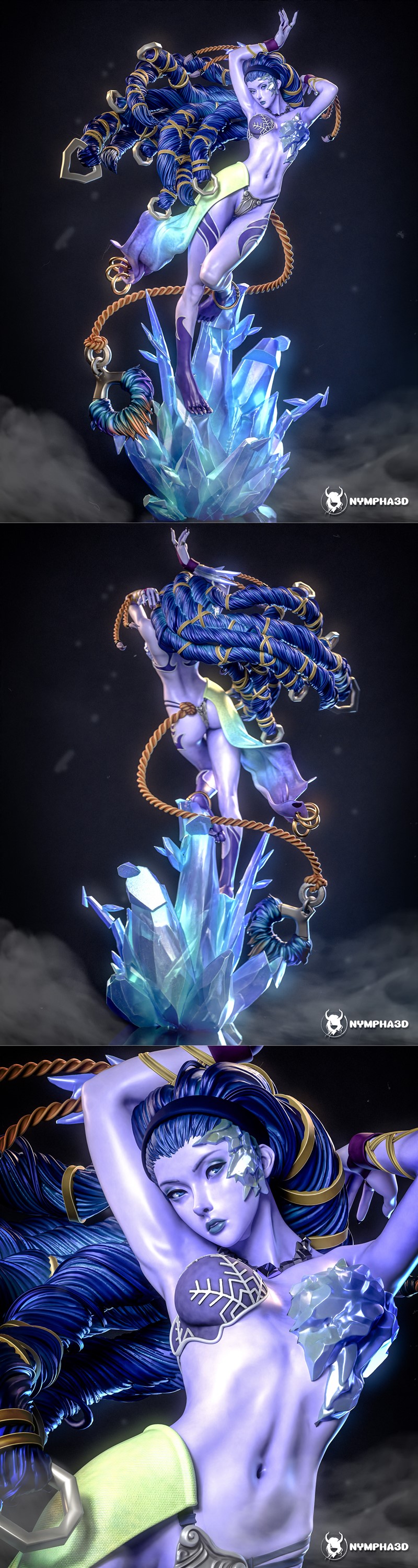 Shiva from Final Fantasy, a blue-skinned female figure with elaborate braided hair, wearing revealing attire and stan...