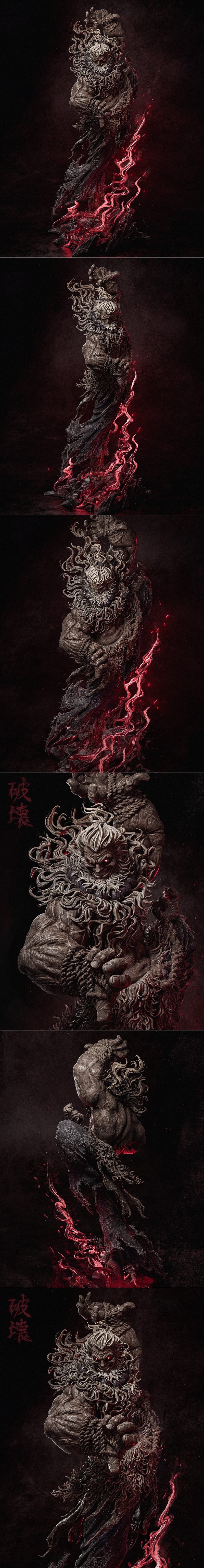 3D model of Akuma from Elden Ring, a muscular figure with a large beard and wild hair, posed dynamically with red ene...