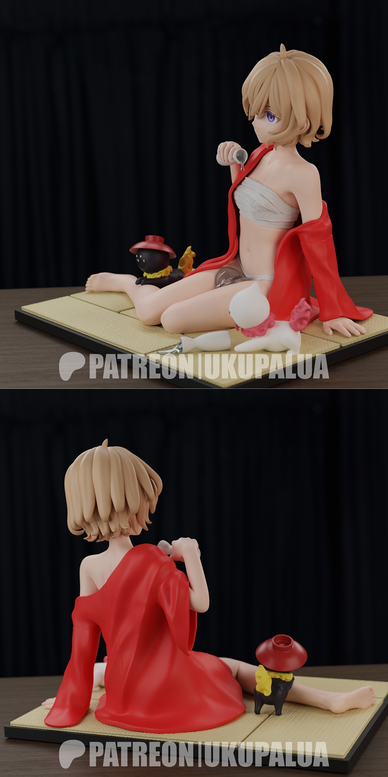 3D model of Kotoko Iwanaga from Kyokou Suiri, seated in a red robe and transparent undergarments, holding a bottle. T...