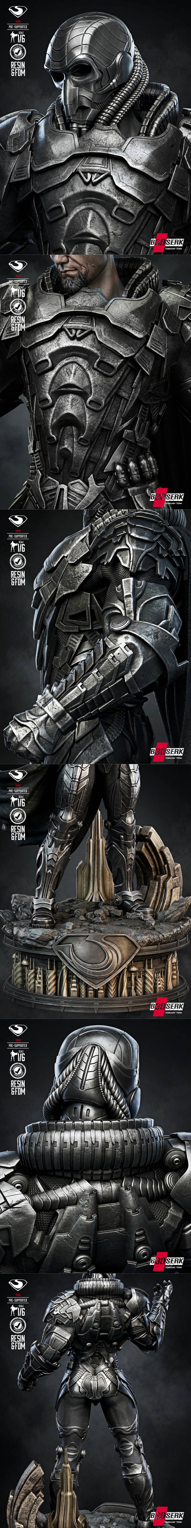 General Zod 1:6 scale 3D print model by B3DSERK, wearing intricate black armor and a cape, standing heroically on a d...