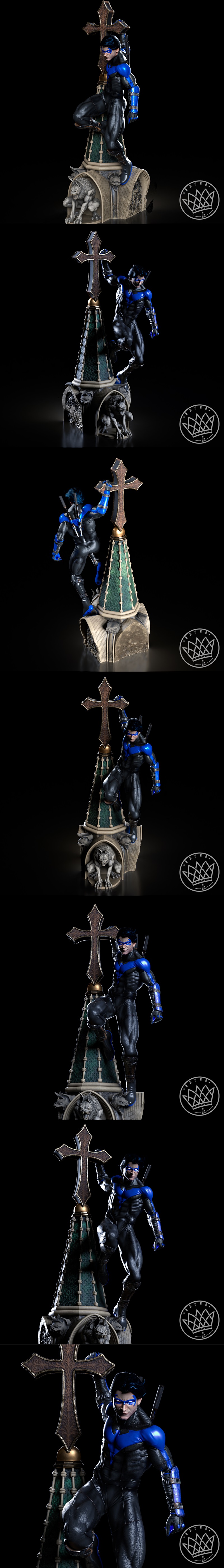 Nightwing 3D model statue on a gothic base with gargoyles and a cross, by Nacho CG.