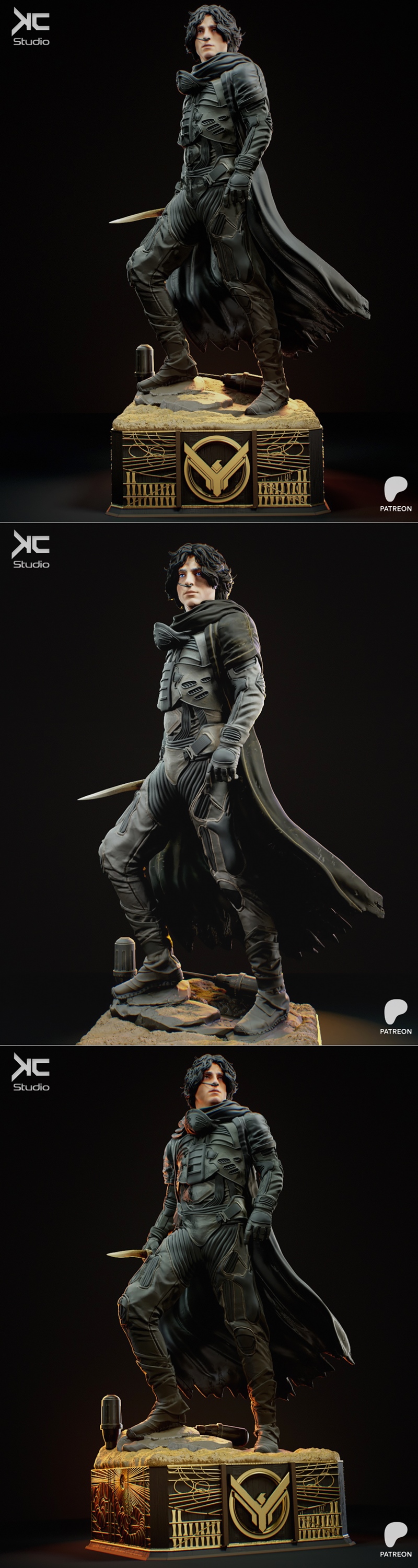 Paul Atreides figure from Dune, wearing detailed sci-fi armor and a cape, holding a dagger. Modeled by KcStudio.