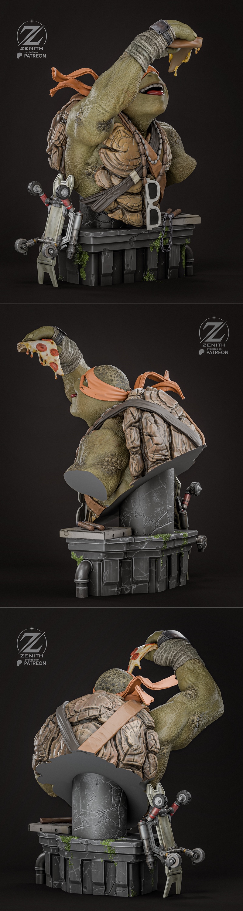 Zenith Studios Michelangelo TMNT bust, a turtle character with an orange bandana eating pizza, holding nunchucks, det...